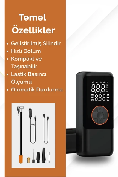 Yussraw 4500 MaH Şarjlı Taşınabilir Araba Lastik Hava Top Şişirme Pompası Led Işıklı Dijital Hava Kompresörü - 3