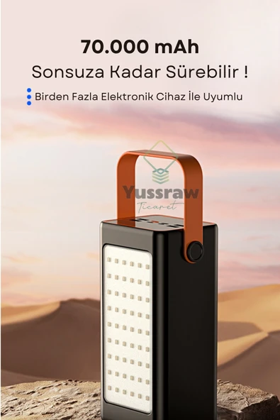 Yussraw 70.000 Mah Dijital Göstergeli Gerçek 70.000 Mah 22.5w Pd Hızlı Şarj Işıklı Kamp Powerbank