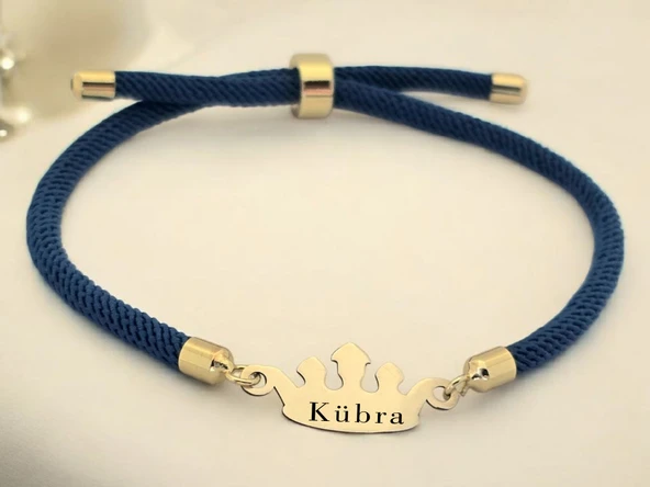 14 Ayar Altın Plakalı İsme Özel Taç Figürlü Lacivert Örgü İpli Hediye Bileklik-621 ürün görseli