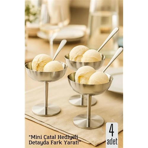 4 lü Gümüş Inox Çelik Ayaklı Dondurma ve Sunum Kasesi – Tatlı, Lokum ve Sunum Kabı
