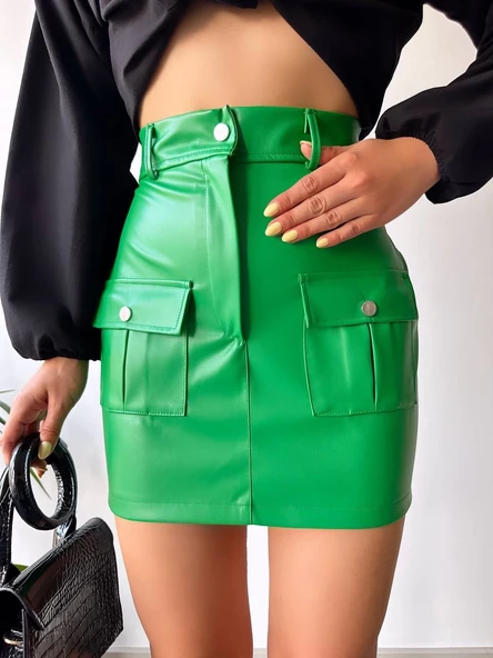 Önden iki cepli deri etek yeşil h240040 - Resim 5