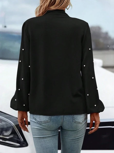 Kadın Uzun Kollu Yakadan Fiyonklu Incili Ithal Krep Bluz - Resim 4