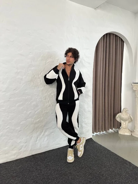 Erkek Premium Parçalı Eşofman Takım - Dik Yaka Fermuarlı Sweatshirt, - Siyah - Resim 2