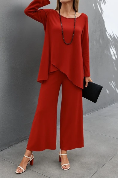 Kadın Uzun Kollu Asimetrik Detaylı Salaş Sandy Bluz Ve Pantolon Ikili Takım - Resim 4