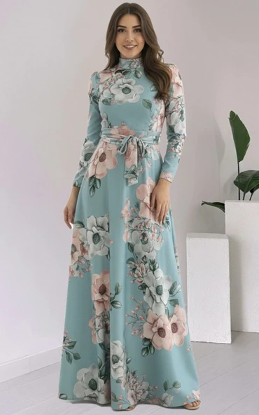 Kadın Uzun Kollu Yuvarlak Yakalı Beli Kuşaklı Desenli Süprem Uzun Elbise - Resim 5