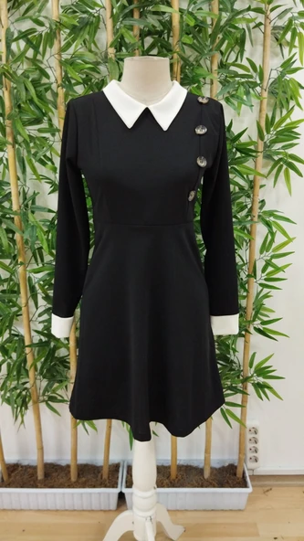 Kadın Uzun Kollu Yakalı A Kesim Kısa Ithal Krep Elbise - Resim 10