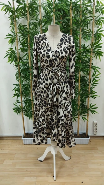 Kadın Uzun Kollu Kruvaze Yakalı Belden Kuşaklı Leopar - Resim 7