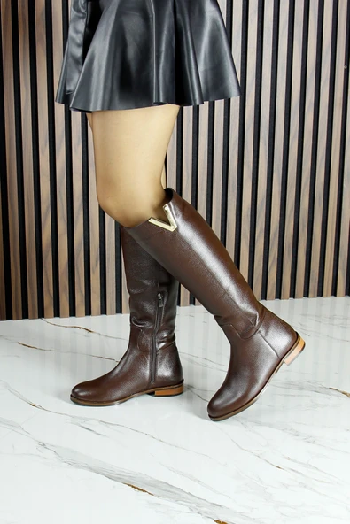 Erkan Saçmacı Kahverengi Hakiki Dana Derisi Metal Aksesuarlı Fermuarlı Yuvarlak Burun Kalın Topuklu Çizme - 4