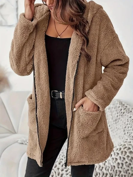 Kadın Uzun Kollu Kapşonlu önden Fermuarlı Cepli Welsoft Ceket ürün görseli