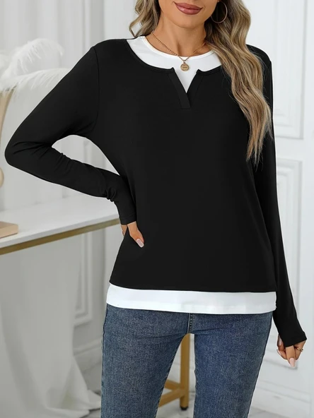 Kadın Uzun Kollu V Yakalı çift Renkli Viskon Iki Iplik Bluz - Resim 2