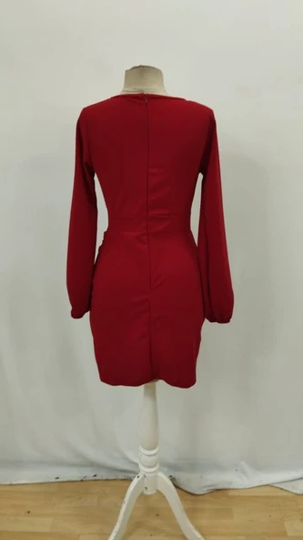 Kadın Uzun Kollu Kruvaze Yaka Yandan Büzgülü Asimetrik Detaylı Ithal Krep Mini Elbise - Resim 8