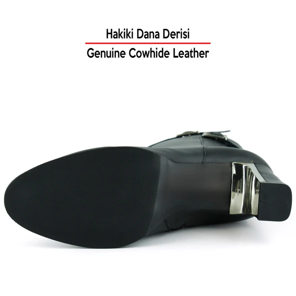Erkan Saçmacı Siyah Hakiki Dana Derisi Tokalı Fermuarlı Sivri Burun Kalın Topuklu Günlük Yarım Çizme - 8