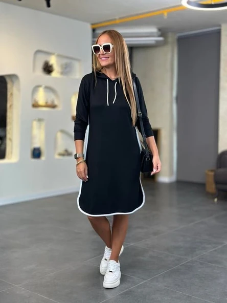 Kadın Uzun Kollu Kapüşon Ve Ribana Detay Diz üstü Elbise - Resim 4