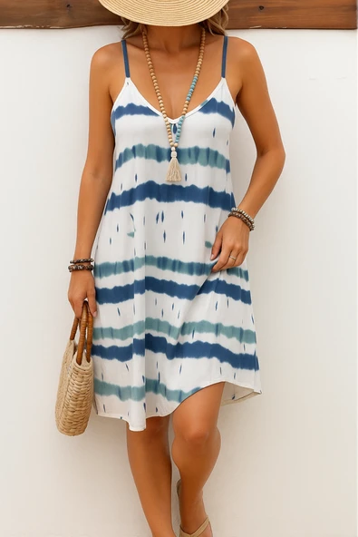 Kadın Ip Askılı V Yakalı Karışık Renkli Süprem Elbise ürün görseli