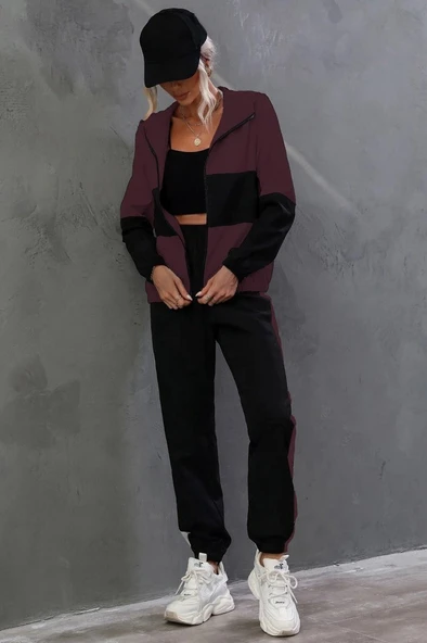 Kadın Uzun Kollu Kapşonlu önden Fermuarlı Viskon Iki Iplik Bluz Ve Pantolon Ikili Takım - Resim 3