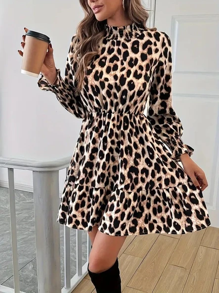 Kadın Uzun Kollu Yarı Balıkçı Yaka Leopar Desenli Modal Mini Elbise - Resim 5