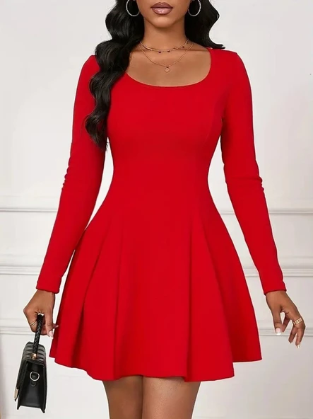 Kadın Uzun Kollu Kare Yakalı Mini Ithal Krep Elbise ürün görseli