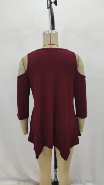 Kadın Omuzlardan Açık Sıfır Yaka Asimetrik Kesim Detay Viskon Bluz - Resim 6