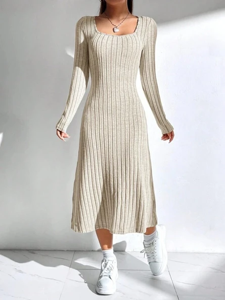 Kadın Uzun Kollu Kare Yaka Midi Kaşkorse Elbise - Resim 3