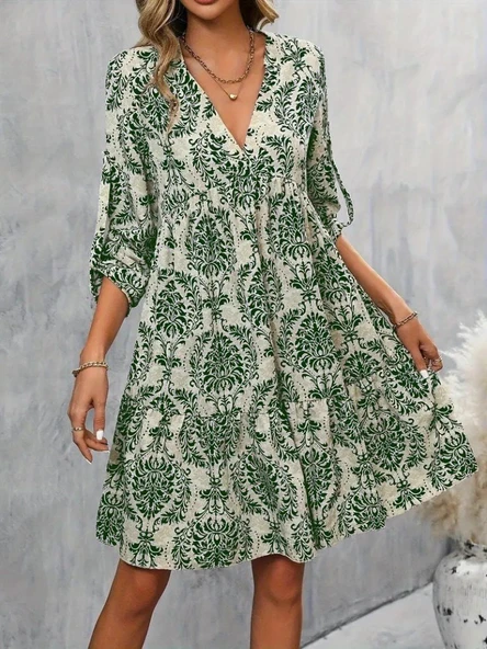 Kadın Uzun Kollu V Yakalı Fırfırlı Mini Süprem Elbise - Resim 2