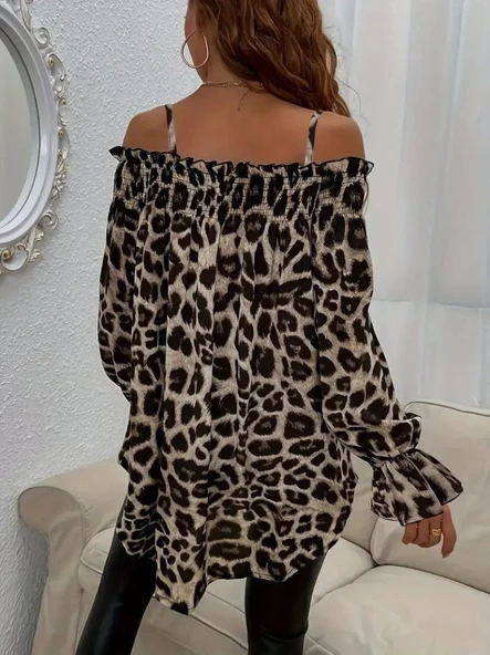 Kadın Ip Askılı Omuzlardan Açık Leopar Desenli Asimetrik Kesim Süprem Bluz - Resim 3