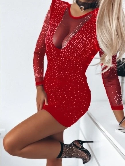 Kadın Uzun Kollu Yuvarlak Yaka Dekolteli Taşlı Dalgıç Elbise - Resim 3