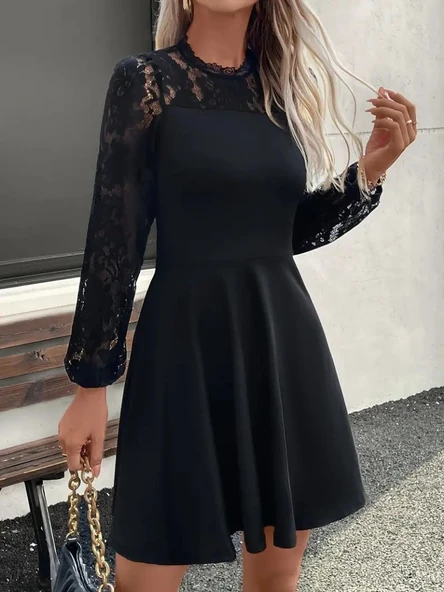 Kadın Uzun Kollu Dantelli Kloş Mini Ithal Krep Elbise - Resim 2