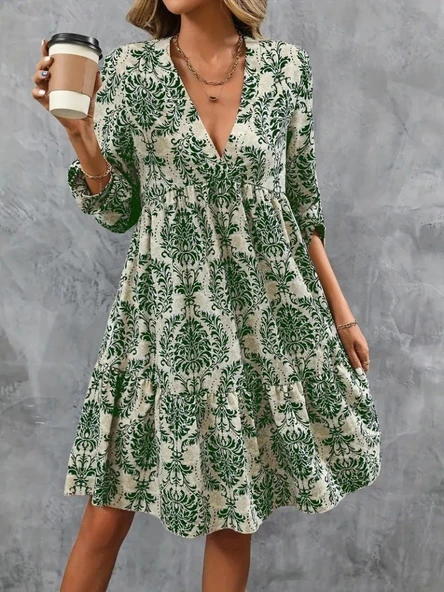 Kadın Uzun Kollu V Yakalı Fırfırlı Mini Süprem Elbise ürün görseli