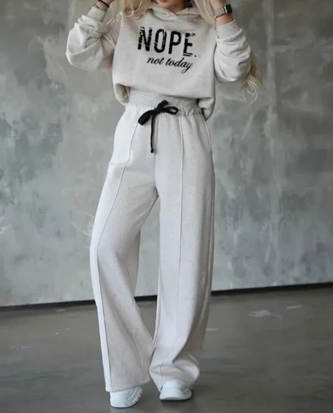 Kadın Uzun Kollu Nope Baskılı Beli Ribanalı Ikili Takım - Resim 4