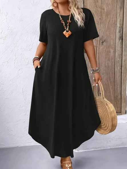 Kadın Kısa Kollu Bisiklet Yaka Cepli Salaş Viskon Elbise - Resim 4