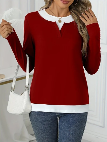 Kadın Uzun Kollu V Yakalı çift Renkli Viskon Iki Iplik Bluz ürün görseli