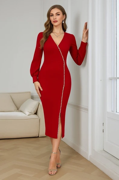 Kadın Uzun Kollu V Yakalı Yırtmaçlı Taşlı Uzun Ithal Krep Elbise - Resim 2