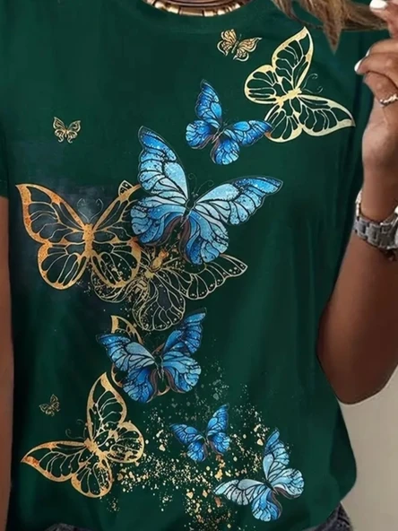 Kadın Kısa Kollu Mavi Sarı Kelebek Baskı Süprem T-shirt - Resim 3