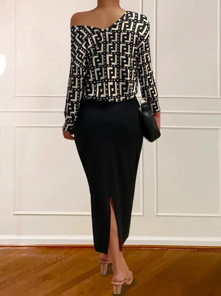 Kadın Uzun Kollu Askılı Yuvarlak Yakalı Yırtmaçlı Dalgıç Elbise Ile Yakalı Yunan Desenli Bluz Ikili Takım - Resim 2