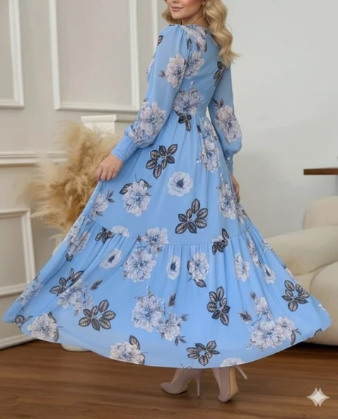 Kadın Uzun Kollu V Yakalı çiçek Desenli Maxi Süprem Elbise - Resim 7