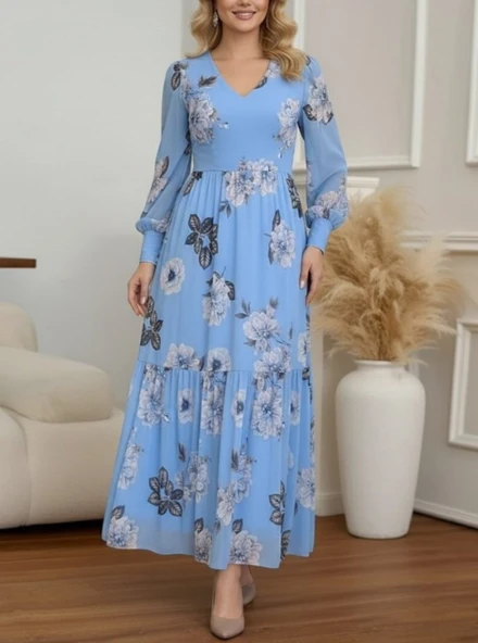Kadın Uzun Kollu V Yakalı çiçek Desenli Maxi Süprem Elbise - Resim 6
