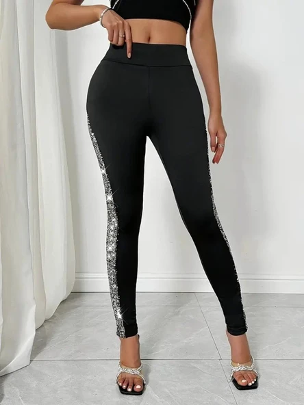 Kadın Yüksek Bel Yarı şerit Pul Payetli Dalgıç Tayt - Resim 3