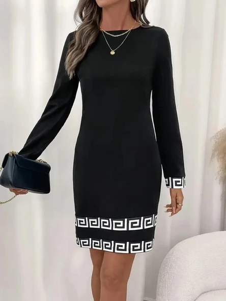 Kadın Uzun Kollu Bisiklet Yaka Mini Ithal Krep Elbise - Resim 3