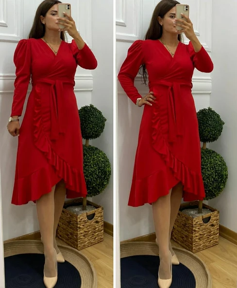 Krep Kumaş Midi Boy Kuşaklı Uzunkol Elbise - Resim 6