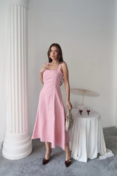 Pembe Çift Dikişli Gabardin Elbise - Resim 2