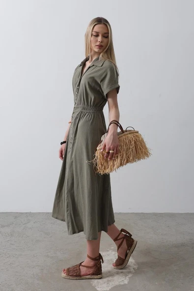 Önü Düğmeli Kısa Kol Elbise - Haki - Resim 2