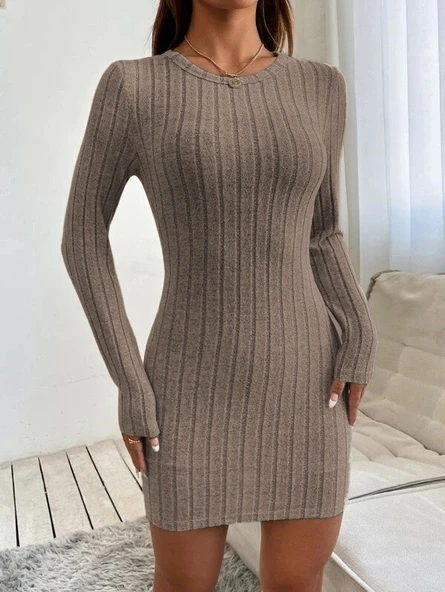 Kadın Uzun Kollu Bisiklet Yaka şardonlu Kalın Fitilli Kaşkorse Mini Boy Elbise - Resim 3