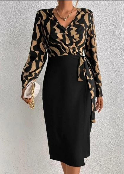 Kadın Uzun Kollu Kruvaze Yaka Dijital Baskılı Fiyonk Detay Atlas Kumaş Elbise - Resim 3