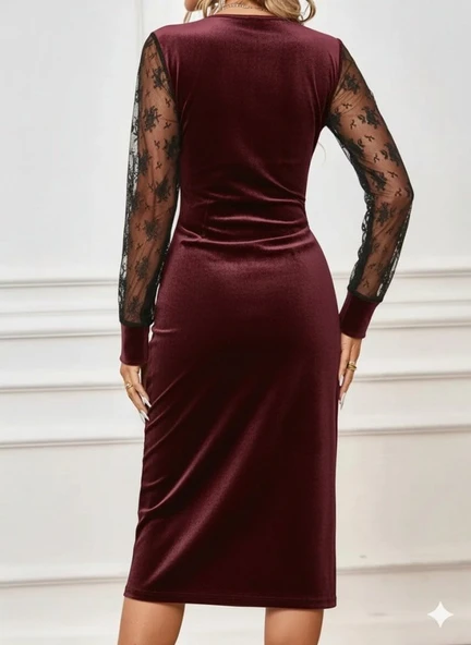 Kadın Uzun Kollu Kruvaze Yakalı Yandan Düğmeli önden çapraz Kesin Detaylı Midi Kadife Elbise - Resim 3