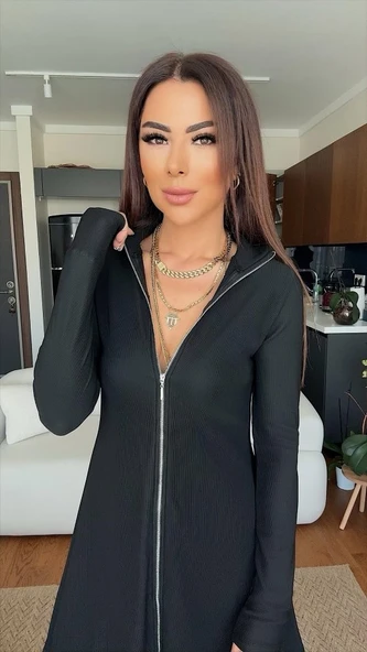 Kadın Uzun Kollu Hakim Yaka Ayarlanabilir Fermuar Dekolteli Mini Elbise - Resim 2