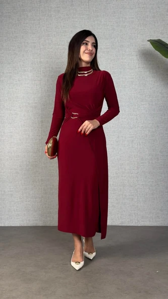 Kadın Balıkçı Yaka Toka Detay Sandy Kumaş Midi Boy Elbise - Resim 6