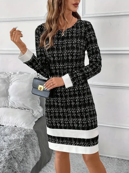 Kadın Uzun Kollu Yuvarlak Yaka Etek Ucu şerit Detaylı Kısa Dokuma Elbise - Resim 4