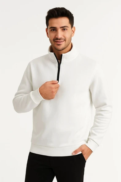 Erkek Dik Yaka Sweatshirt Dik Yaka Yarım Fermuarlı 3 İplik Şardonlu Pamuk Kumaş - Beyaz - Resim 2
