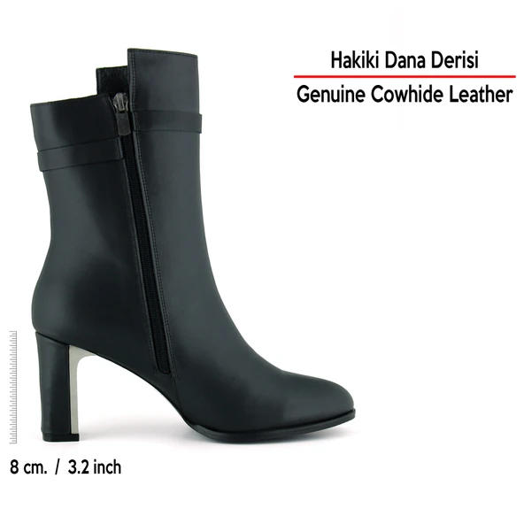 Erkan Saçmacı Siyah Hakiki Dana Derisi Tokalı Fermuarlı Sivri Burun Kalın Topuklu Günlük Yarım Çizme - 2