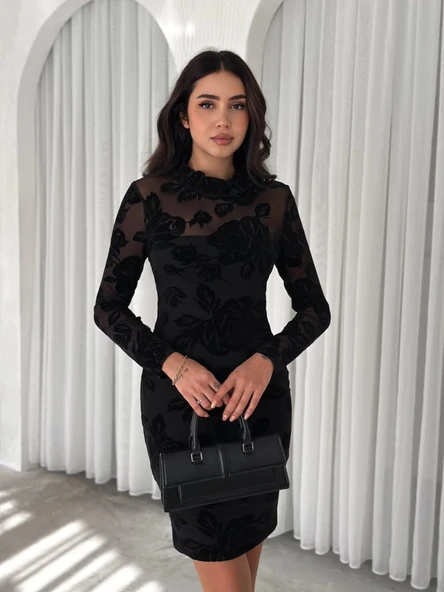 Kadin Dantel Detay Mini Kalem Elbise - Resim 5